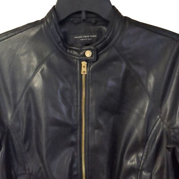 NWT Marc New York Andrew Marc Black Drawstring Faux Leather Jacket Size Small - Picture 3 of 14